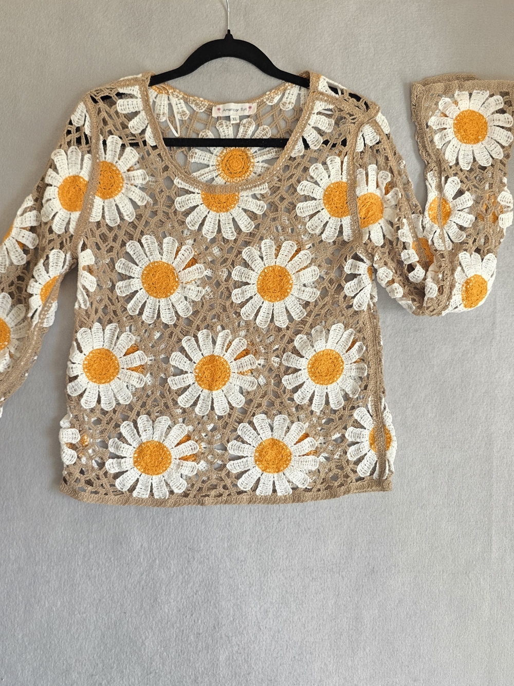 Crocheted XL Daisy Pullover Sweater - Beige with White & Yellow Boho Y2K Cute